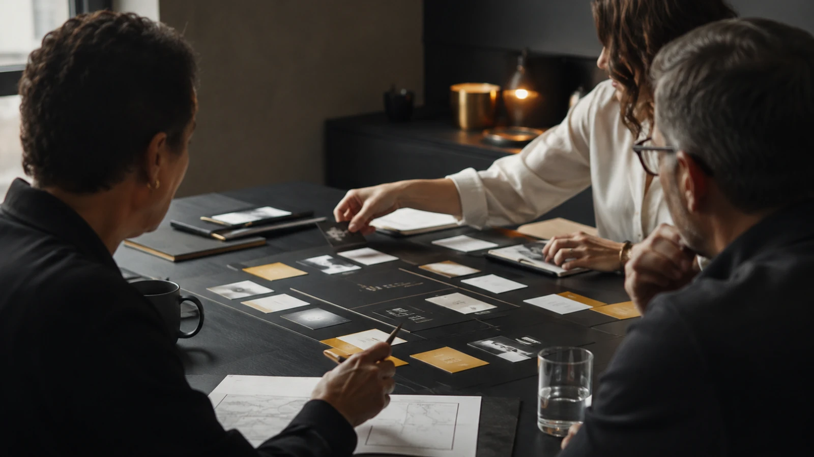 Three people leaning over a dark table, laying printed cards and gold-edged notes out in a grid while one of them reaches in to move a card.