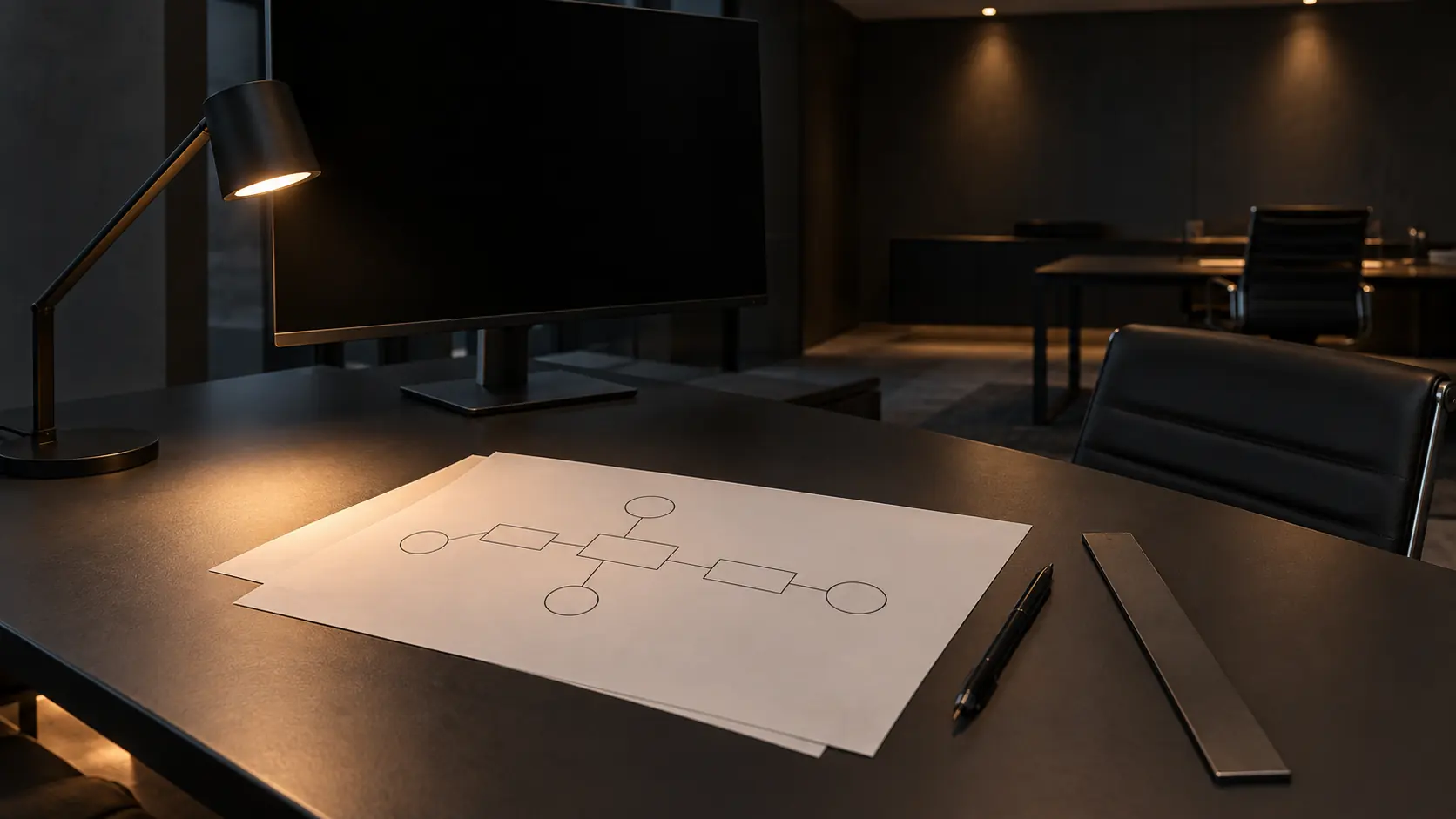 A lamp-lit desk in a dark office, with a flow diagram drawn on white paper, a pen and a straightedge beside it, and a switched-off monitor behind.