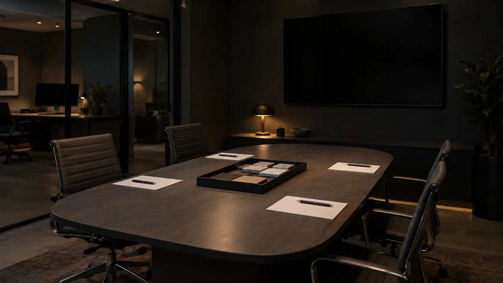 Four places set at a meeting table, each with a blank sheet and a pen, around a tray of material samples; the chairs are empty and the wall screen is off.